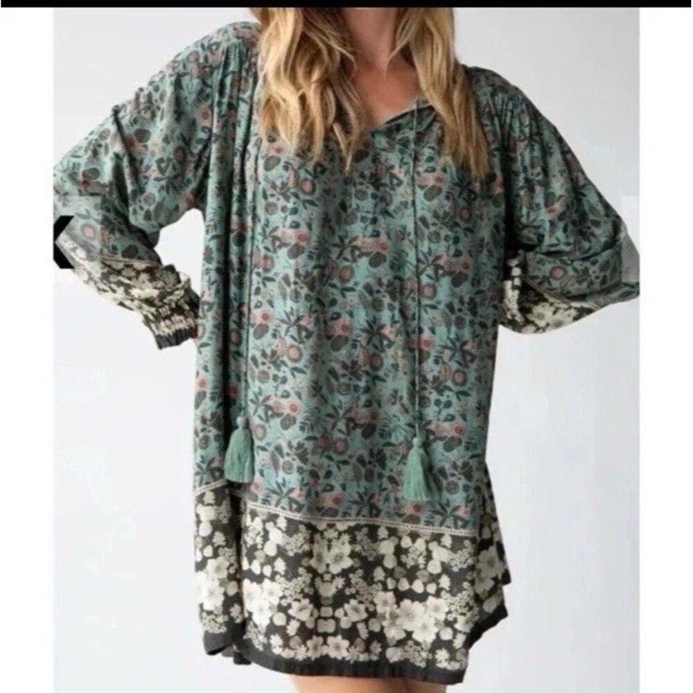 Natural Life Dara Green Floral V-Neck Tunic Autumn Fall Wedding Dress Women XS